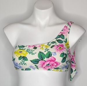 Aerie White Pink Yellow Floral Bow Accent One Shoulder Bikini Top S